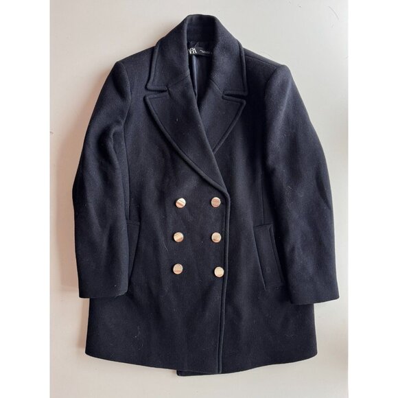 ZARA Navy Blue Wool Blend Double Breasted Short Peacoat Coat, Size M - Picture 5 of 12